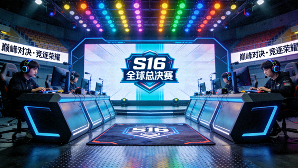 全球顶级电子竞技S16大赛专业电竞对战舞台与选手席